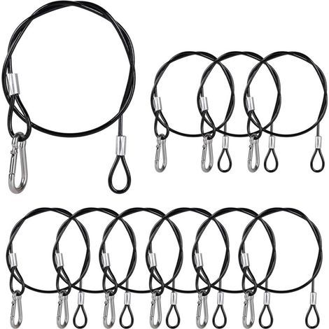 10 x Câble de Sécurité 52 mm en Acier Inoxydable avec Mousqueton de Sécurité n° 4, Câble de Suspension 3 mm avec Gaine en PVC Transparente, Capacité de Charge de 25 kg (1/5)