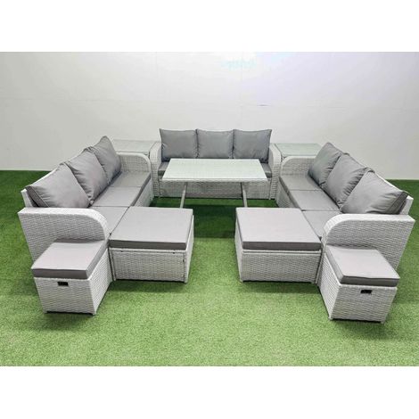 Fimous Patio Garden Furniture Sets with Dining Table 3 Seater Sofa 2 Side Tables 4 Stool Light Grey (1/4)