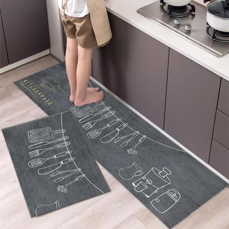 Lot de 2 Pièces Tapis de Cuisine - 40 x 60cm et 40 x 120cm - Gris - Antidérapant - Rectangulaire - Tapis de Sol de Salon Chambre (1/3)