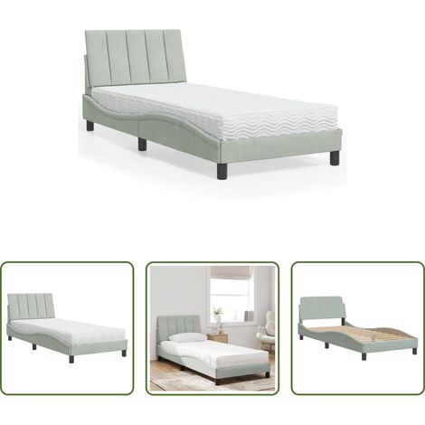 Matelas en mousse -  Lit avec matelas Hanko gris clair 80x200 cm velours (1/5)