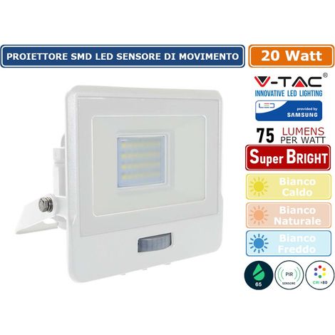 V-TAC VT-128S faro led 20W chip samsung con sensore di movimento PIR e crepuscolare bianco freddo 6500K slim alluminio bianco box derivazione IP65 - SKU 20273