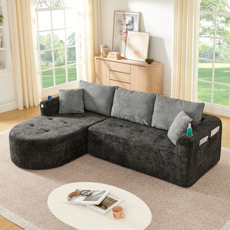 Canapé d’angle noir en tissu effet lin avec porte-gobelet inox, poches latérales et design sans montage (1/5)