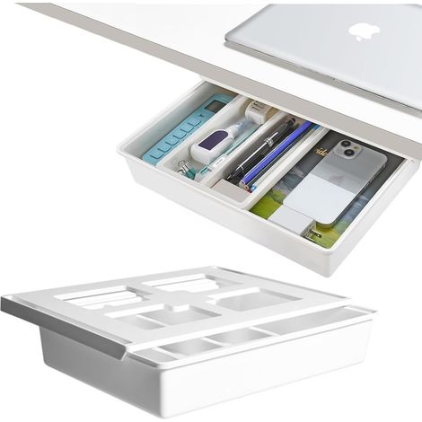 Cajón para debajo del escritorio, autoadhesivo, extraíble, con riel deslizante suave, cajón oculto para oficina, escondites, hogar, escuela, blanco, tamaño L (1/5)