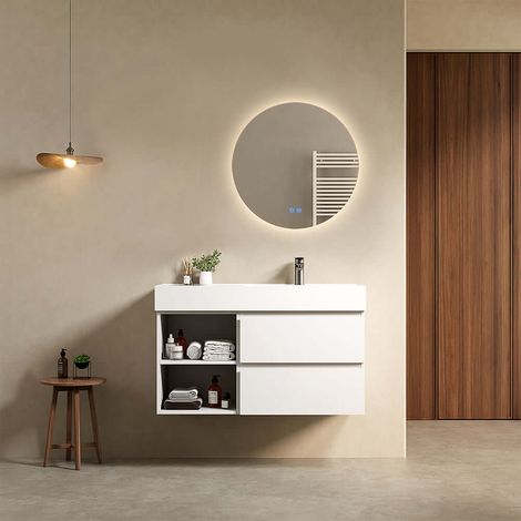 Mobile bagno sospeso 100 cm Bianco Opaco Lavabo a Destra in Resina Specchio Tondo Retroilluminato - Fiji Paint Plus