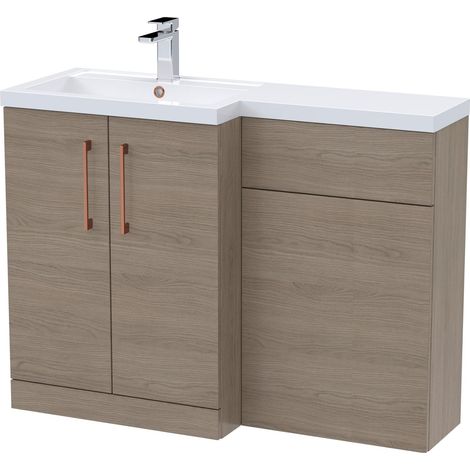 Balterley Left-Hand Bathroom Vanity and WC Unit Combination with Basin - 1100mm - Woodgrain Mid Oak with Copper Handles