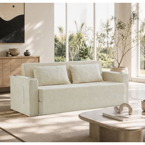 Sofá cama de 2 plazas 153x77x65 cm en chenilla beige -FLORAGRACE (1/5)