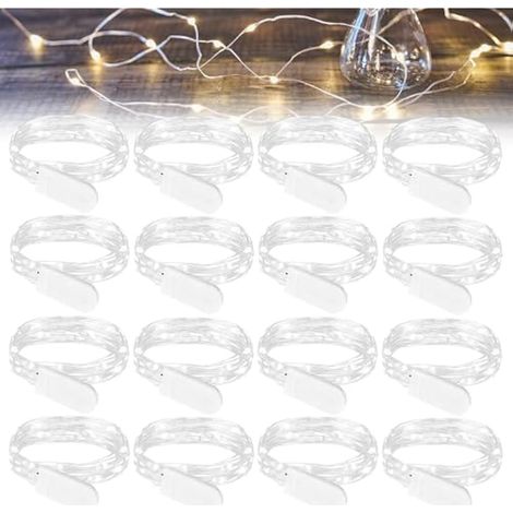 Lot de 16 mini guirlandes lumineuses LED blanches avec batterie, 2 m, 20 LED, pour bricolage, fête, bouteille, cadeau, décoration, mariage, fête (1/5)