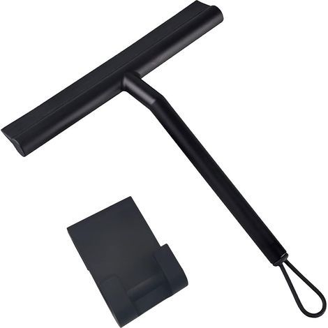 Raclette de Douche Nettoyage pour Porte en Verre Raclette de Salle de Bain avec Support en Silicone Crochet de Fenêtre en Acier Inoxydable équipement de Nettoyage Ménager(Black, One Si (1/5)