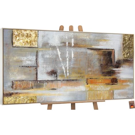 Handgemalte Gemälde mit Rahmen Goldene Abstraktion 100x50 cm
