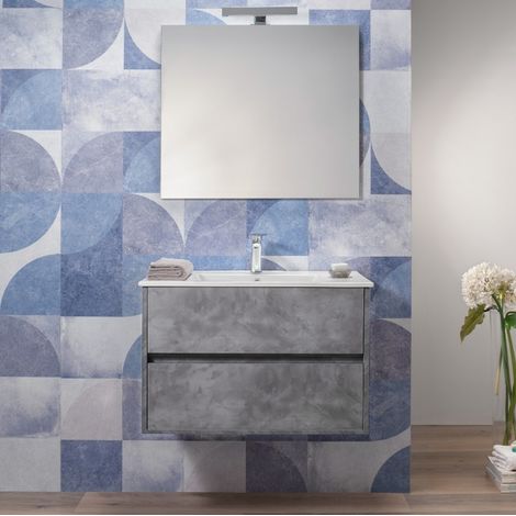 Mobile Bagno Industrial 80 Cm Sospeso 2 Cassetti Lavabo e Specchio (1/5)