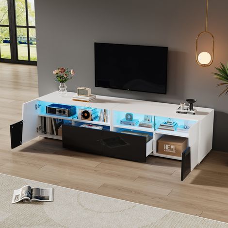 Meuble TV LED 2 tiroirs 180x38, 5x45 cm blanc et noir (1/5)