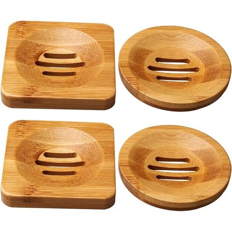 Lot de 4 porte-savons en bois naturel en bambou, carrés et ronds, pour salle de bain. (1/5)