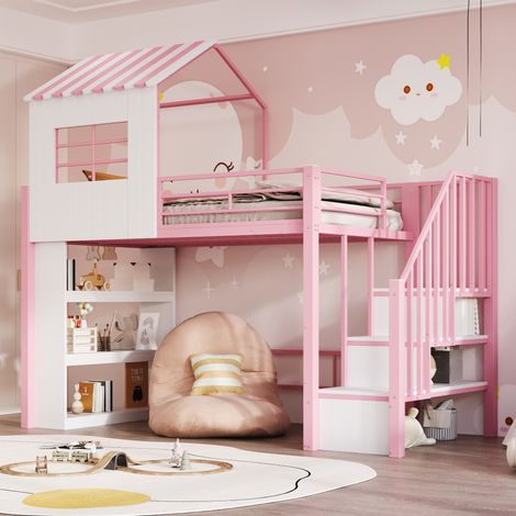 Kinderhochbett 90 x 200 cm im Hausdesign mit Stauraumtreppe und Regal, Rosa, OKMYHOME (1/5)