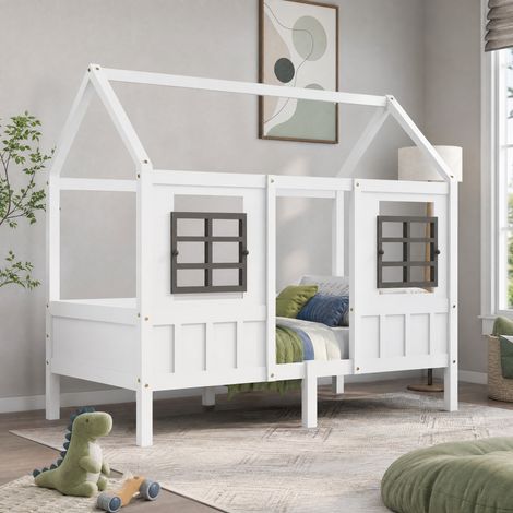 Cama infantil casita 200 x 90 cm con 2 ventanas, pino y MDF, blanco HAVRYA (1/5)