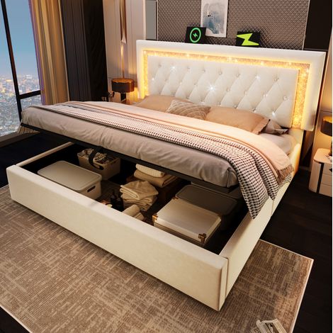 Lit rembourré 209x171x99 à 109 cm, éclairage LED réglable, ports USB et USB C, coffre hydraulique, velours beige (1/5)