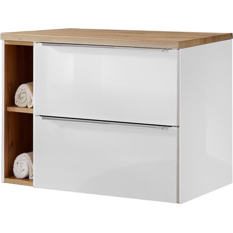 Waschtischunterschrank Set mit Regal 81cm TOSKANA-56 Hochglanz weiß & Wotaneiche B/H/T ca. 81/59,5/46cm (1/5)