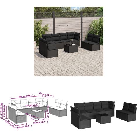 9-tlg. Garten-Sofagarnitur mit Kissen Schwarz Poly Rattan - Gartenmöbel Set - PE-Rattan Möbel - Outdoor Sofa - Esstisch - Lounge Set - Home & Living (1/3)