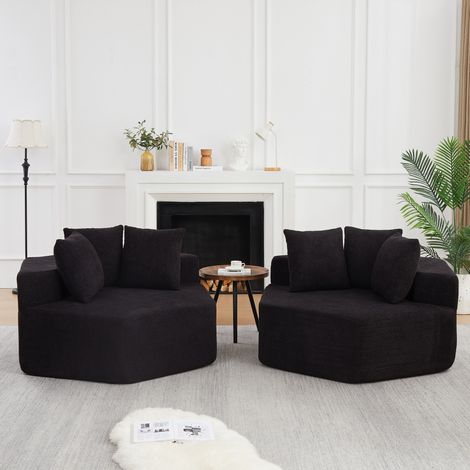 Fauteuil modulable hexagonal noir en chenille, avec 3 coussins, design moderne (1/5)