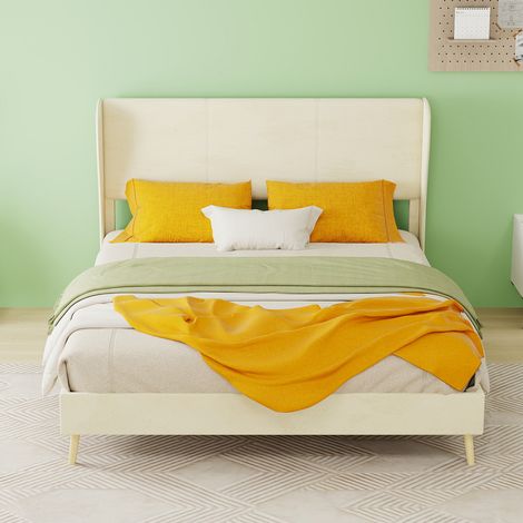 Letto imbottito in tessuto beige e metallo 140x200 cm, testiera imbottita, rete inclusa
