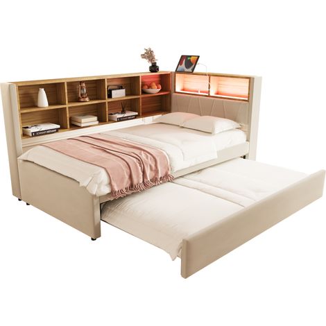 Canapé-lit 2 places 90 x 200 cm avec lit gigogne 90 x 190 cm, LED et prises USB-C, rangements intégrés, tissu beige, structure métal, jusqu'à 150 kg - CHICFURN (1/5)