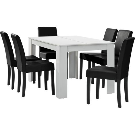 Mesa de comedor blanco mate con 6 sillas negras tapizada en polipiel 140x90 cm 030004024