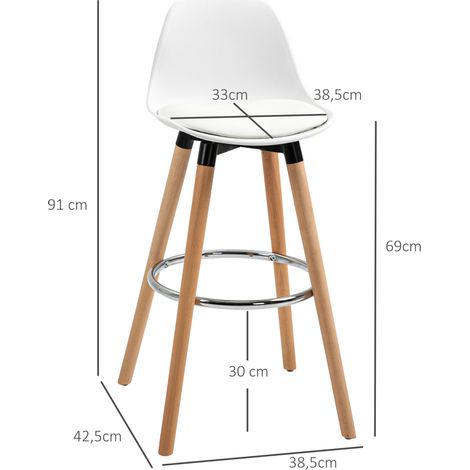 Set de 2 Tabourets de Bar Hauteur Comptoir avec Repose-Pieds, Similicuir Blanc 38,5 x 42,5 x 91 cm, Chaises Hautes pour Cuisine et Salle à Manger (1/5)