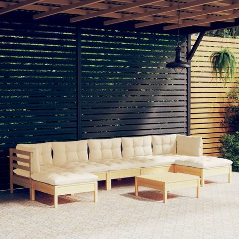 Salon de jardin 8 pcs,Mobilier de terrasse,Table et Chaise pour Relax avec coussins crème bois de pin -YZ450525 (1/5)
