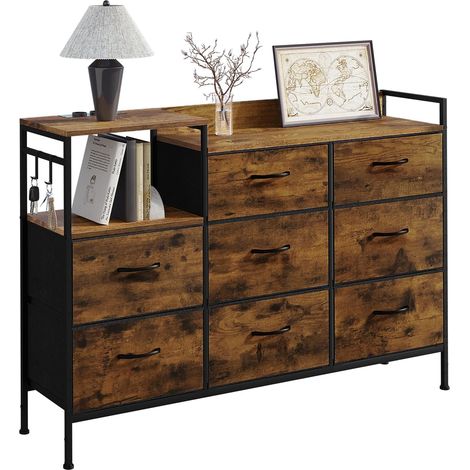 Woltu – Commode à 8 tiroirs en métal et bois E1 – Dimensions 132 x 30 x 88 cm – 2 ports USB et 2 prises – Rangement salon et chambre