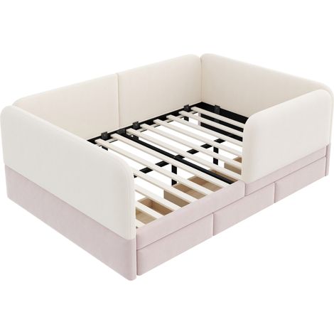 Letto per bambini imbottito 140 x 200 cm in velluto con cassetti, beige, senza materasso (1/5)
