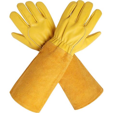 Gants de Jardinage en Cuir Respirant pour Homme et Femme avec Gant Anti-épine, Manches Longues en Cuir de Vache pour Jardinier et Fermier, Jaune,Convient pour les cactus manucurés, les mûres, les rose (1/5)