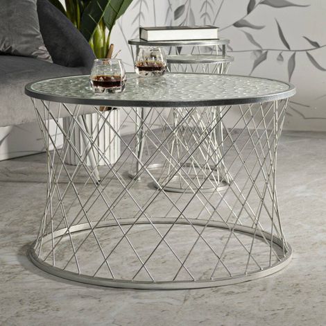 Dmora - Juego de 4 mesas de café Ibar, Mesa de centro baja, Revistero para sofá, Estante de la sala de estar, 70x70 h55 cm, Plata (1/5)