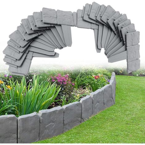 Bordure de Jardin, Bordure de lit de Fleurs décorative Bricolage pour allée de pelouse et Bordure de Paysage, Simulation de Pierre d'imitation Effet pavé, clôture de pelouse -20 Pièces Gris