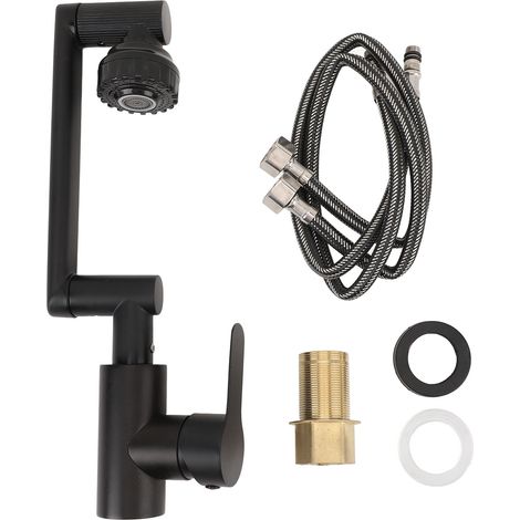Rubinetto universale multifunzionale per acqua calda e fredda, in acciaio inox, con braccio robotico rotante per lavabo, colore nero, con tubo di ingresso acqua da 60 cm. (1/5)