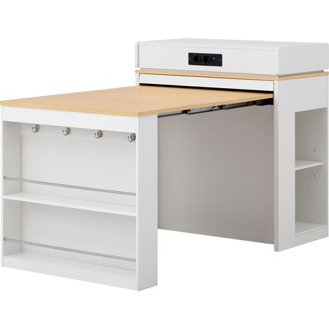 Table à manger extensible avec plan rabattable, roulettes, rangement intégré et prises électriques, pour cuisine et salle à manger, blanc (1/5)