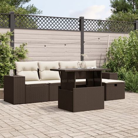 Ensemble salon de jardin 6 places en résine tressée marron avec table, coussins blanc crème et mobilier modulaire (1/5)