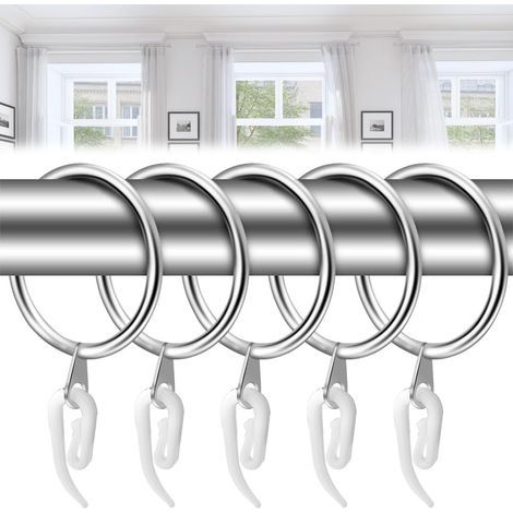 Lot de 40 anneaux de rideaux en métal - 30 mm - En acier inoxydable - Argenté - Avec crochets de suspension - Pour rideau de fenêtre, rideau de lit (1/5)