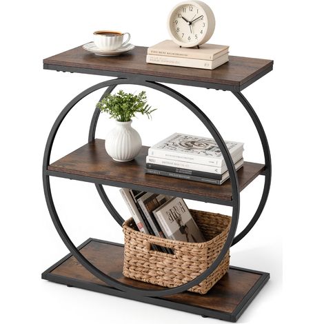 VEVOR Beistelltisch, Schmaler 3-stufiger Nachttisch mit Offenen Ablagefächern, Moderner Nachttisch mit Rundem Metallgestell, Couchtisch aus Holz für Wohnzimmer Schlafzimmer Büro, Rustikales Braun (1/5)