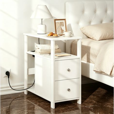 REDOM Mesa auxiliar 60x60x30 cm, con 2 AC y 2 USB, 2 cajones y 2 estantes, madera blanca (1/5)
