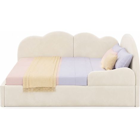 Lit gigogne rembourré L en velours beige, tête de lit nuage, 90x200 + 90x190, gain de place pour chambre enfant et invités CHICFURN (1/5)
