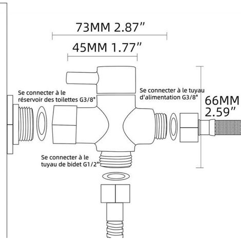 Déviateur À 3 Voies - Laiton - Raccord G3/8" Entrée Mâle - Sortie Femelle G3/8" Et Sortie Mâle G1/2" - Pour Robinetterie Sanitaire - 1 Pièce (1/5)