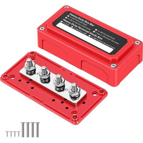 12-48V Busbar Bornier, 300A Barre De Bus Blocs De Distribution, Heavy Duty 4x M8 Borne Batterie Bus Bar Pour Voiture, Bateau, Camion, Solaire, Rouge (1) (1/5)
