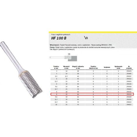 Klingspor 295553 Fresas de Metal Duro, HF 100 B, Dentado 6, 6 mm Diámetro del Vástago, 8 x 19 x 64 mm