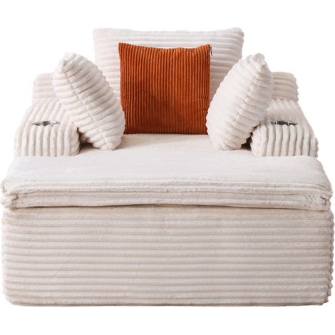 Canapé-lit sans structure avec méridienne en velours côtelé beige, confortable pour salon, avec 3 coussins et 1 couverture intégrée (1/5)