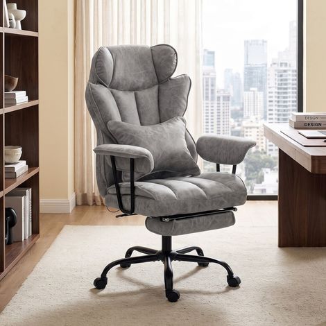 Silla de oficina con masaje de 6 puntos y calor lumbar, reposapiés, piel sintética gris (1/5)