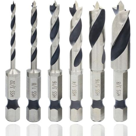 6Pcs Forets à Bois Hélicoïdaux de 1/4" Tige Hex Professional, Mèche Bois Rotative à Queue Hexagonal Impérial, Foret Fraise à Torsion HSS Spiral Trou Cutter pour Perçage de Bois Métal Plastique