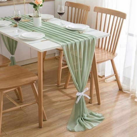 Chemin De Table - Mousseline De Soie - 300 x 70 cm - Vert Matcha - Pour Mariage Anniversaire Décoration Table - 1 Pièce (1/4)
