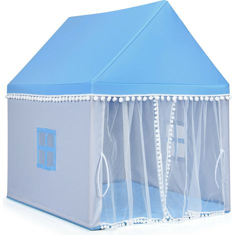 Tente de jeu enfant bleue en toile Oxford avec structure en bois, tapis doux et fenêtres en maille, pour chambre, jardin et terrasse (1/5)