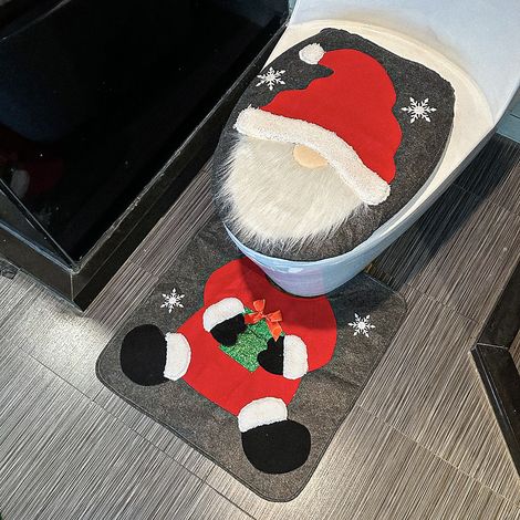 Décoration de Noël Salle de Bain, Housse de WC Grise, Motif Père Noël et Lutin, Déco Toilettes (1/5)