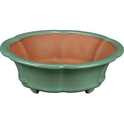 Vaso per bonsai rotondo (forma a fior di loto) in gres smaltato verde 17x17x5 cm - ZX68