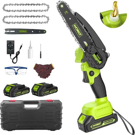 6-Zoll-Mini-Kettensäge, bürstenlos und kabellos, verbesserter Motor und 2 x 2000-mAh-Akkus mit 60 Minuten Laufzeit, elektrische Kettensäge mit automatischer Ölung und Sicherheitsverriegelung (1/5)
